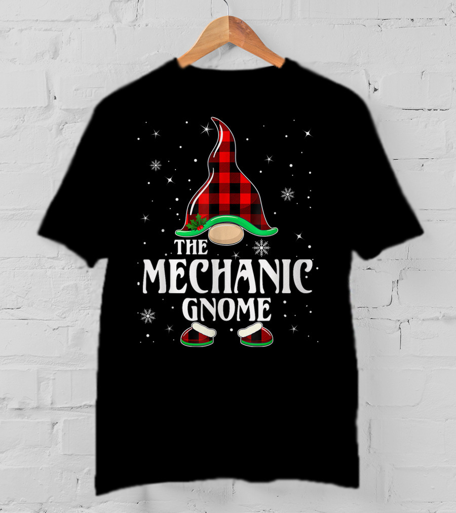 The Mechanic Gnome Buffalo Plaid Christmas Matching Family Holiday Snowflakes T-Shirt