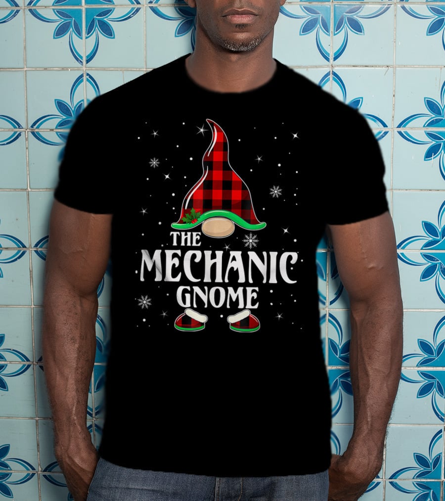 The Mechanic Gnome Buffalo Plaid Christmas Matching Family Holiday Snowflakes T-Shirt