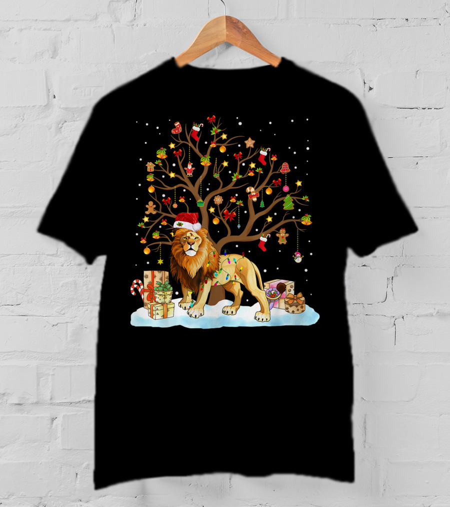 Lion With Christmas Tree Ornaments And Gifts T-Shirt