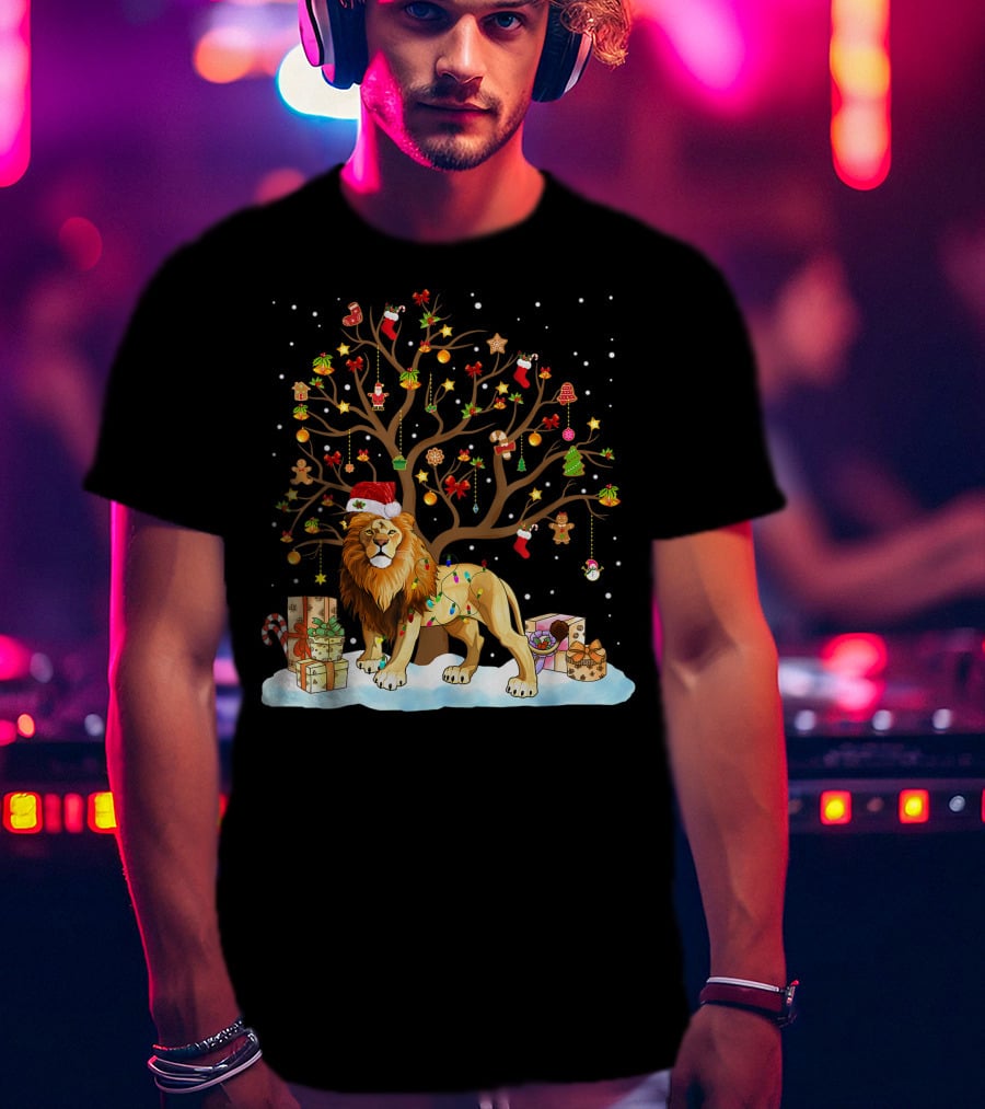 Lion With Christmas Tree Ornaments And Gifts T-Shirt