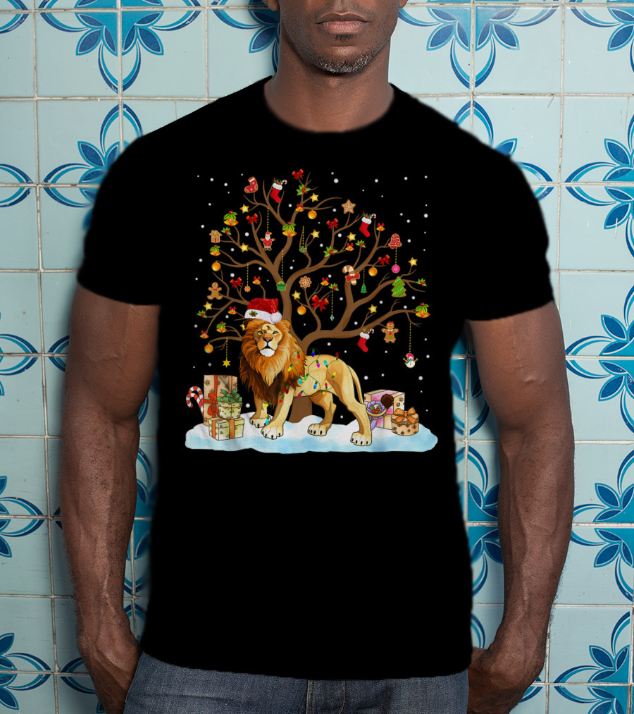 Lion With Christmas Tree Ornaments And Gifts T-Shirt