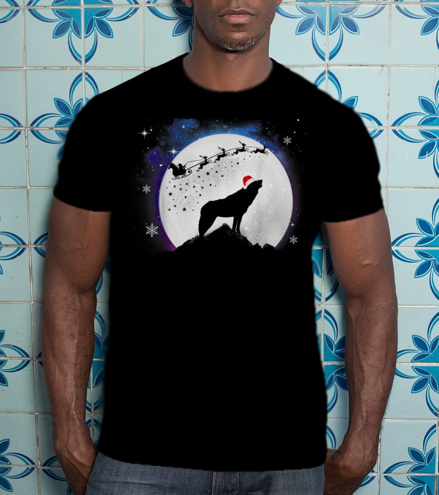 Wolf Santa Hat Full Moon Christmas Night T-Shirt