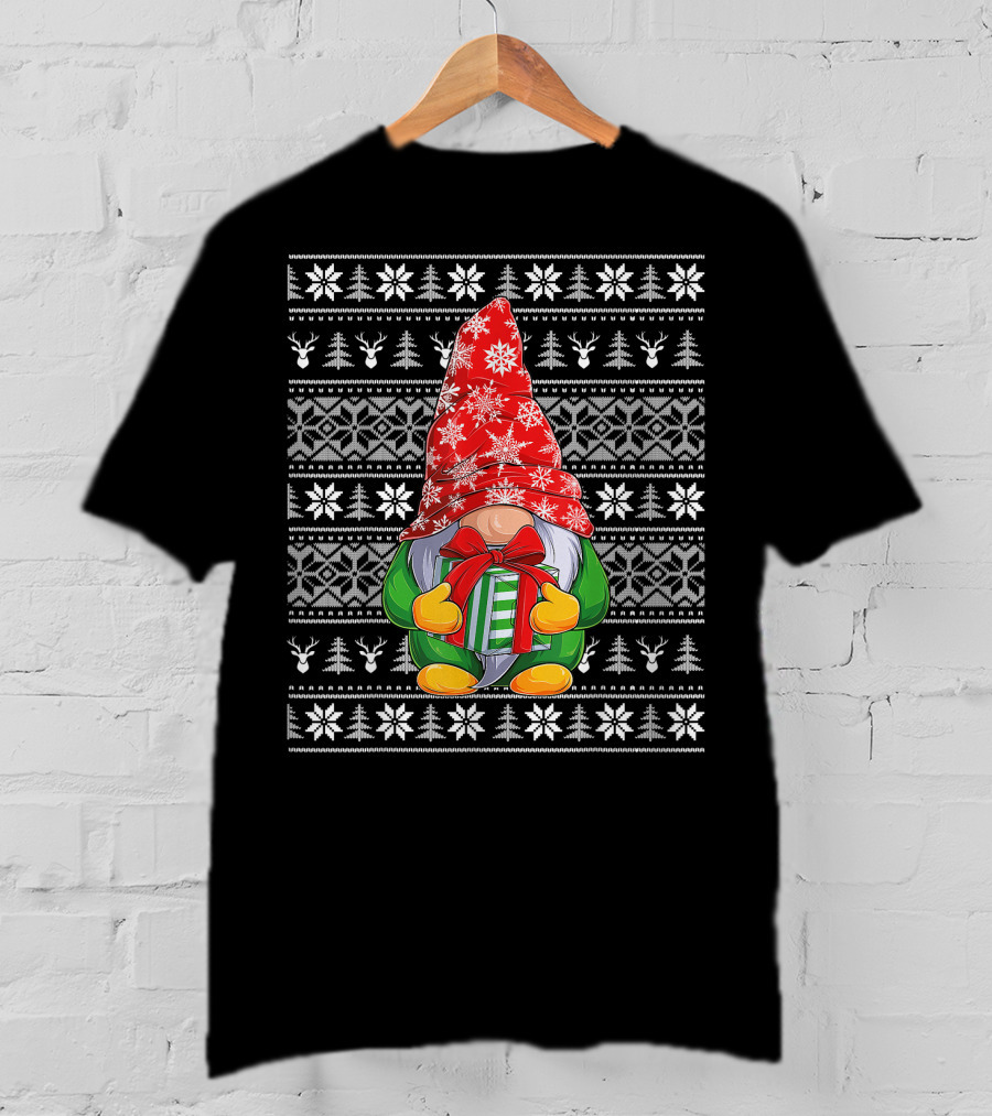 Ugly Christmas Sweater Gnome Holding Gifts With Snowflake Hat T-Shirt