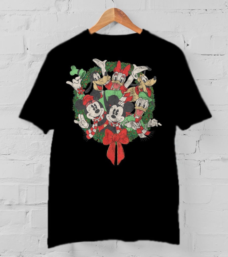Disney Christmas Characters In Festive Wreath With Mickey, Minnie, Donald, Daisy, Goofy, Pluto T-Shirt
