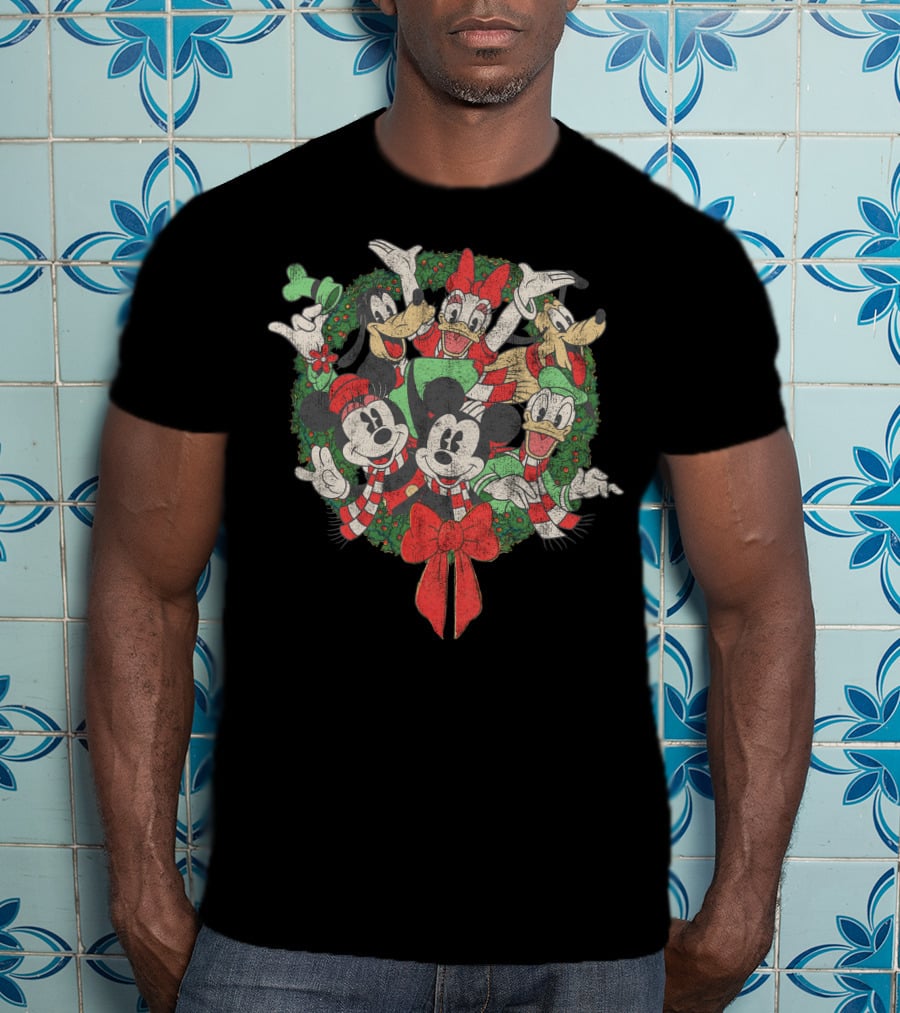 Disney Christmas Characters In Festive Wreath With Mickey, Minnie, Donald, Daisy, Goofy, Pluto T-Shirt