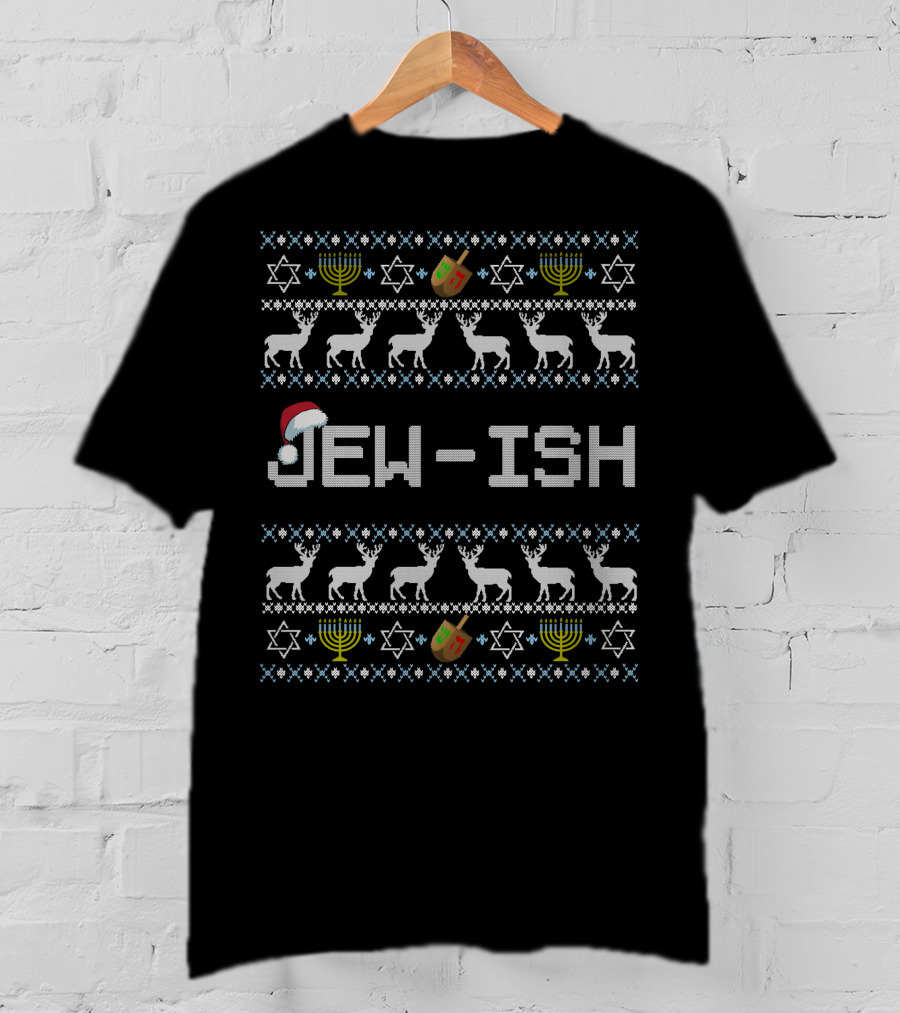 Jew-Ish Hanukkah Santa Hat Dreidel Menorah Stars T-Shirt