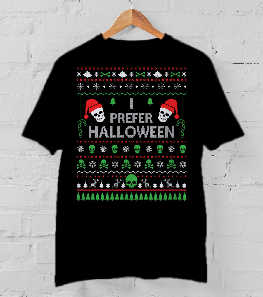 I Prefer Halloween Best Skull Santa Ugly Christmas T-Shirt