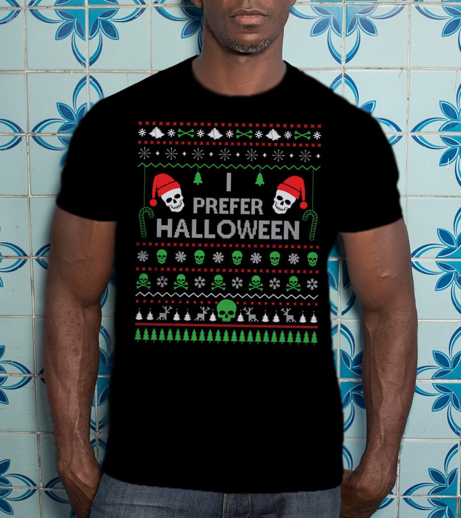 I Prefer Halloween Best Skull Santa Ugly Christmas T-Shirt