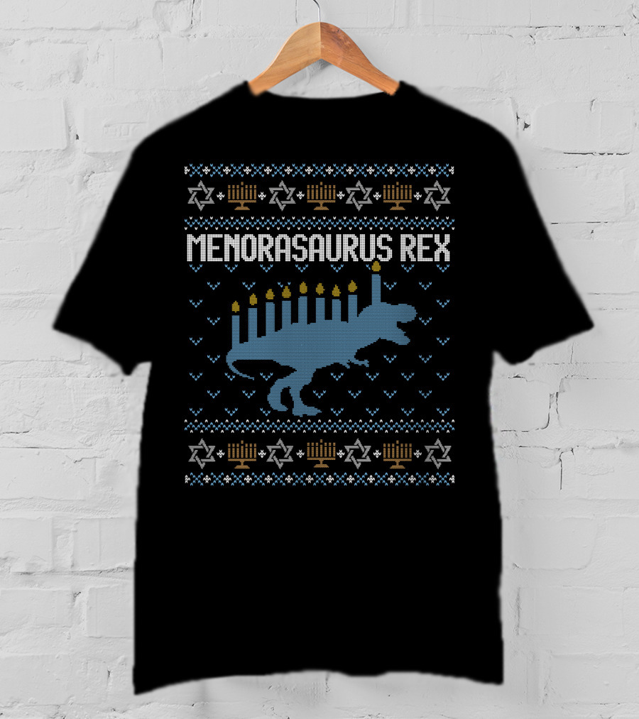 Menorasaurus Rex Hanukkah T-Rex Menorah Candles Star T-Shirt