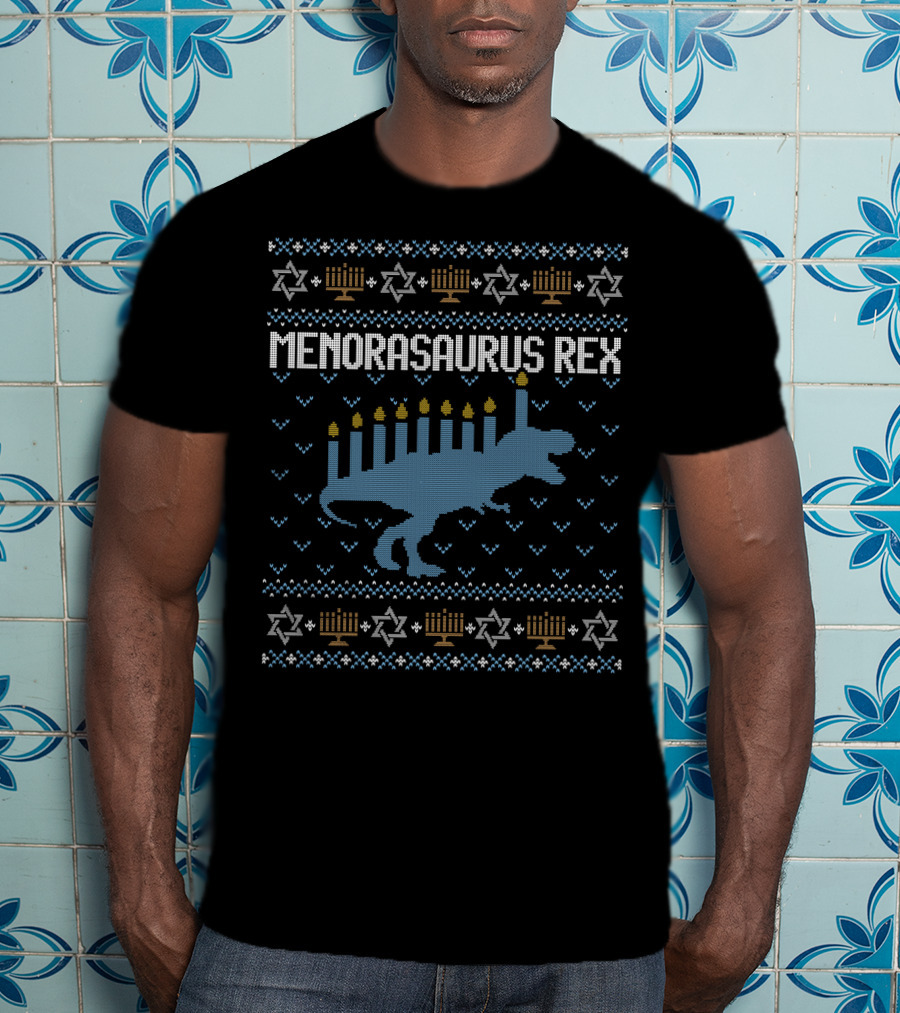Menorasaurus Rex Hanukkah T-Rex Menorah Candles Star T-Shirt