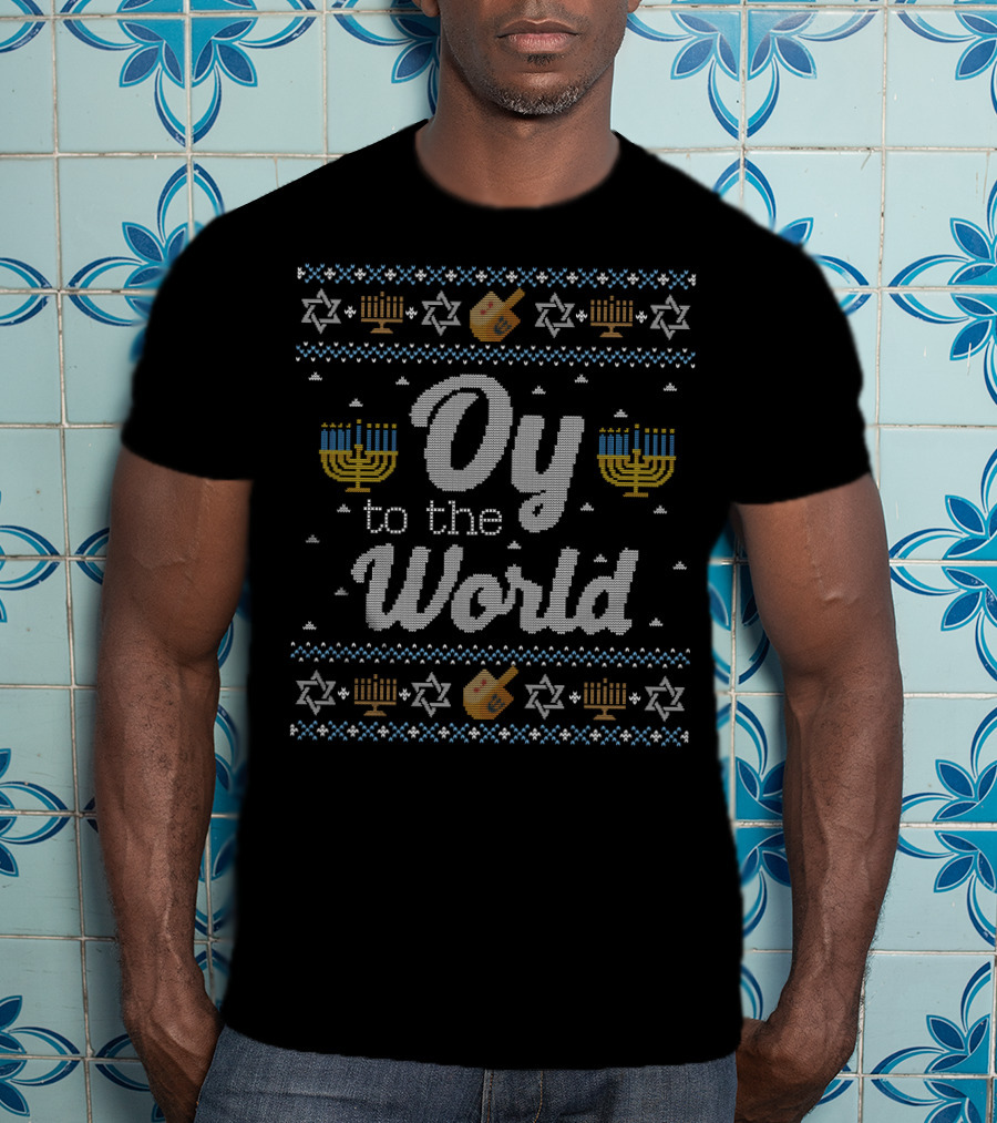 Hanukkah Oy To The World Menorah And Dreidel Knit T-Shirt
