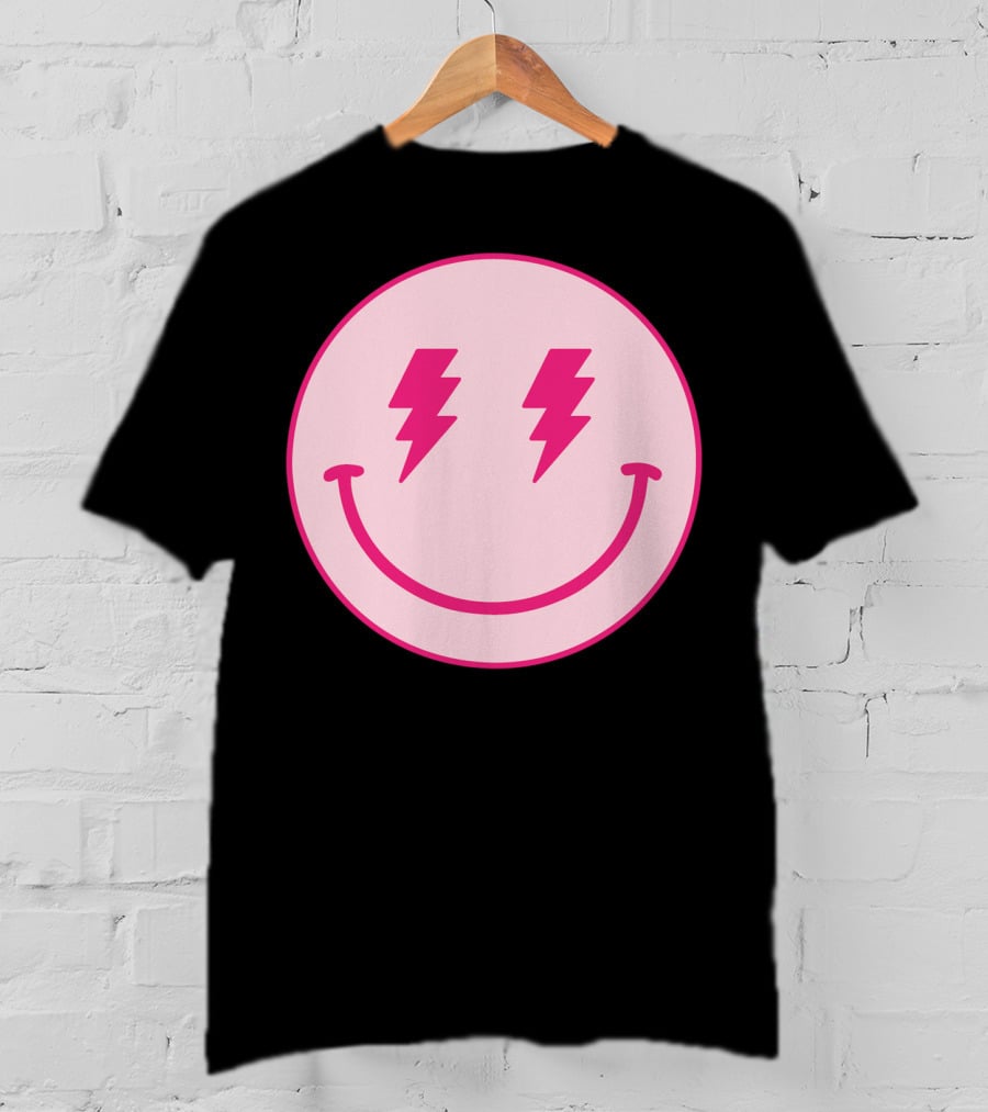 Lightning Bolt Smiley Face Pink Circle T-Shirt