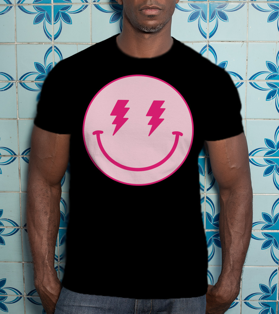 Lightning Bolt Smiley Face Pink Circle T-Shirt