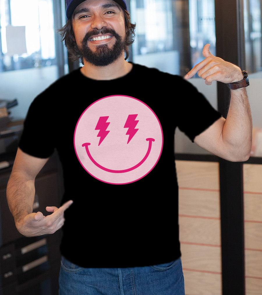 Lightning Bolt Smiley Face Pink Circle T-Shirt