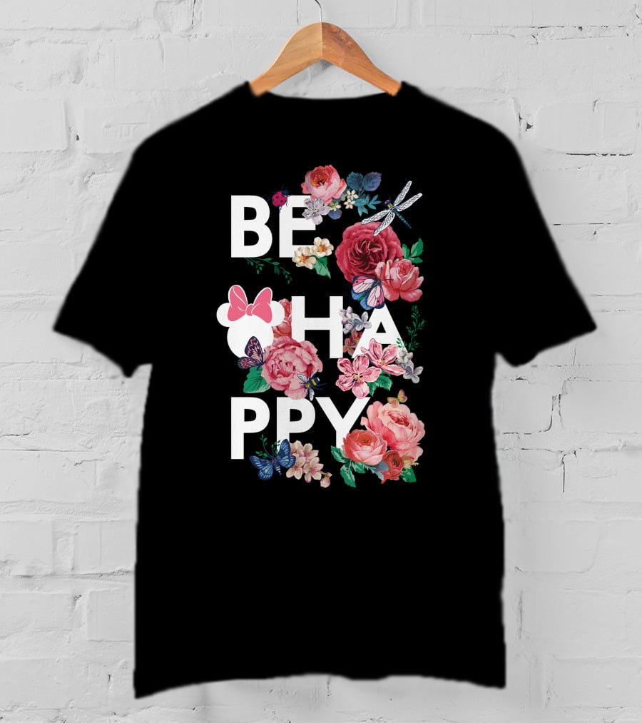 BE HAPPY Floral Minnie Mouse Butterflies And Dragonflies T-Shirt