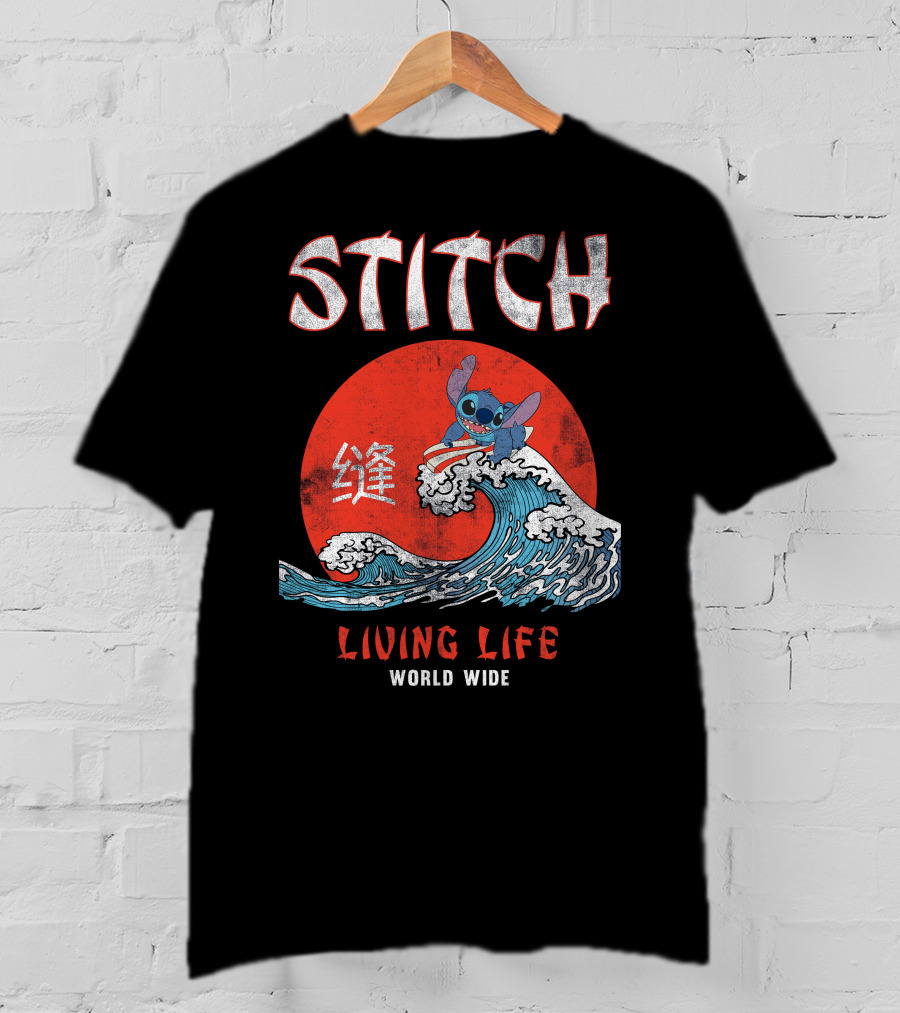 Stitch Living Life World Wide Wave Red Japanese Character T-Shirt