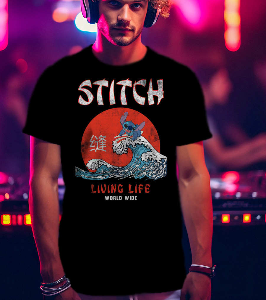 Stitch Living Life World Wide Wave Red Japanese Character T-Shirt