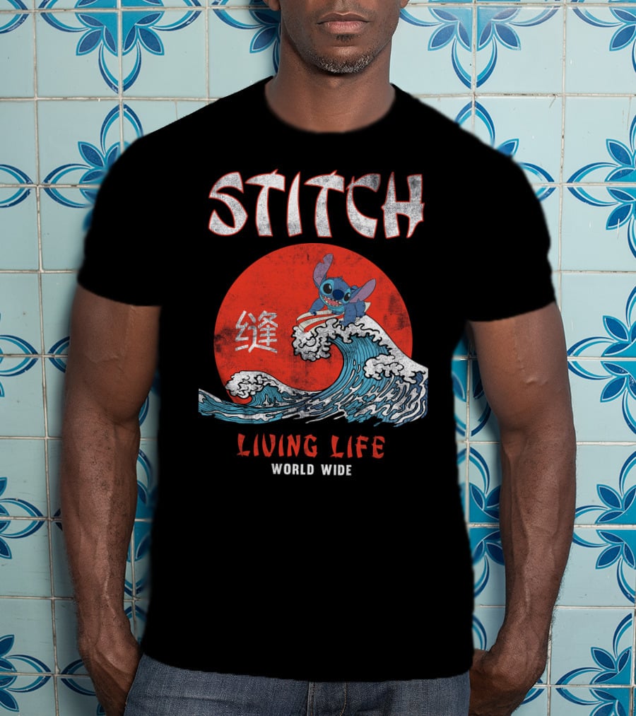 Stitch Living Life World Wide Wave Red Japanese Character T-Shirt