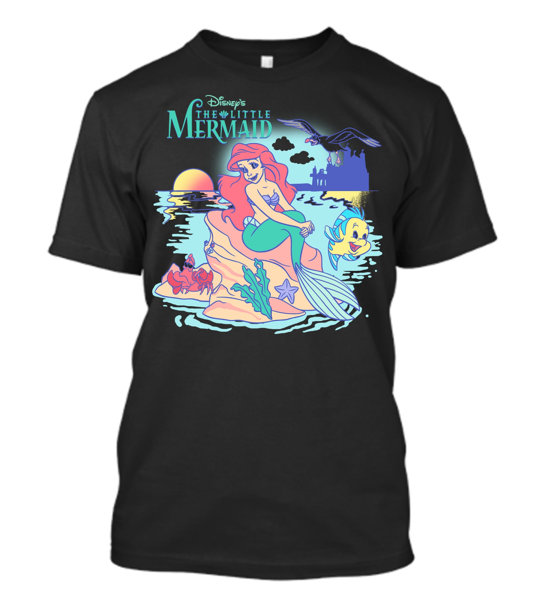 Disney's The Little Mermaid Ariel With Flounder And Sebastian By Castle At Sunset T-Shirt
