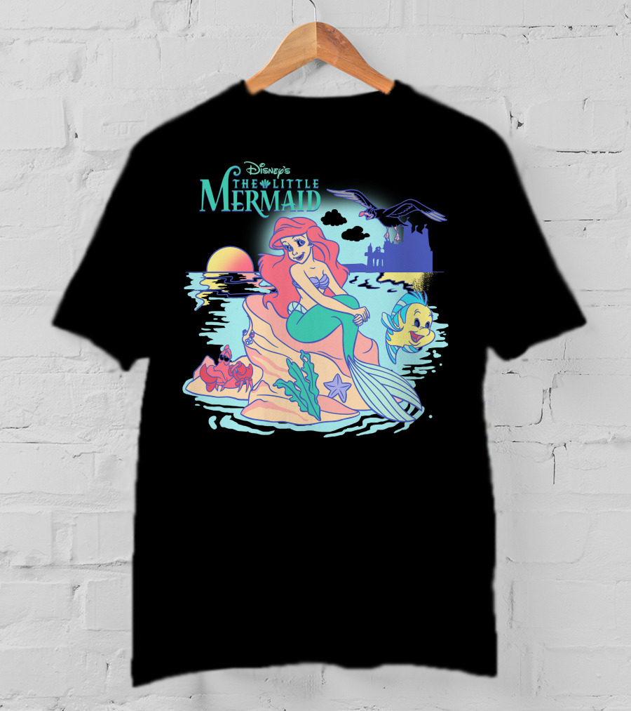 Disney's The Little Mermaid Ariel With Flounder And Sebastian By Castle At Sunset T-Shirt