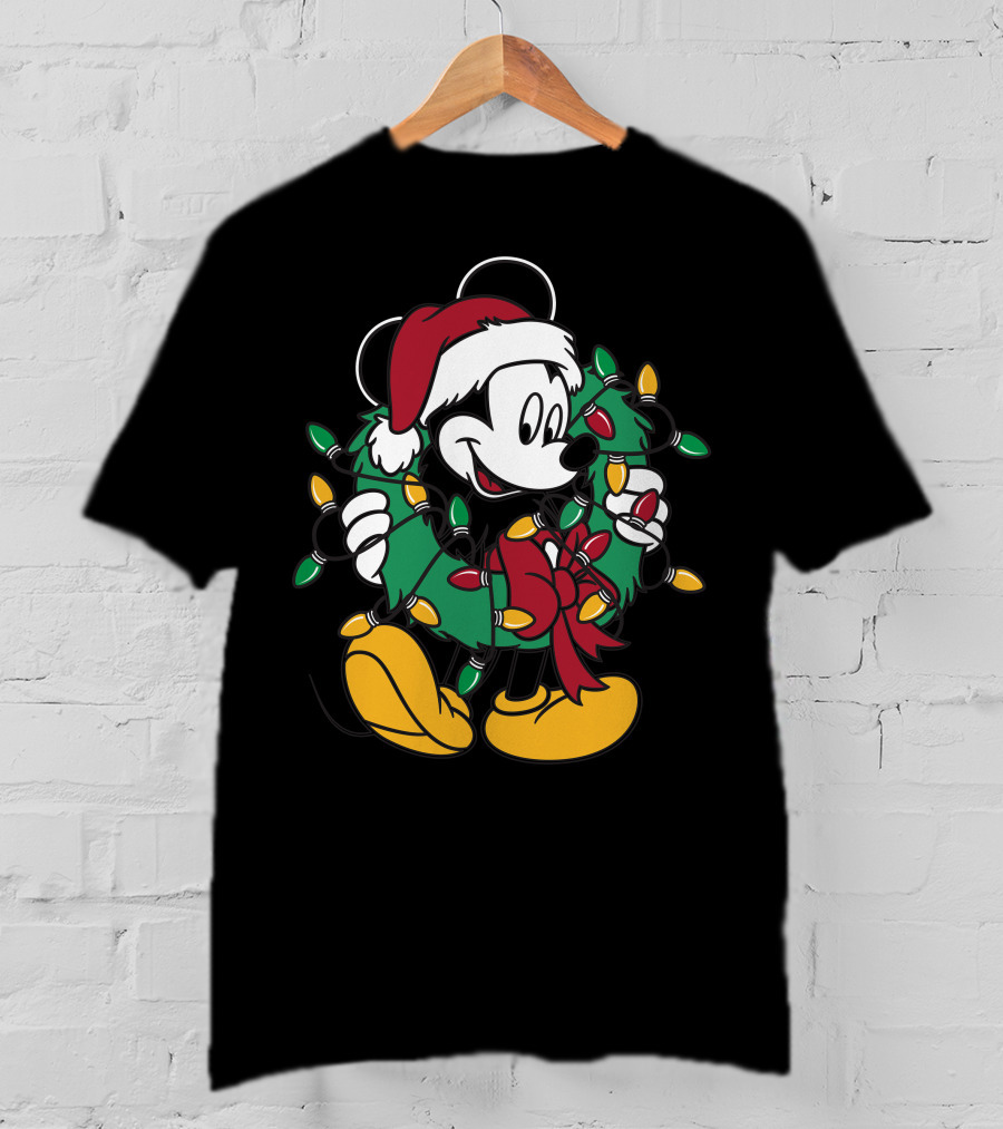 Disney Mickey Mouse Christmas Wreath Lights Santa Hat Holiday Decor T-Shirt