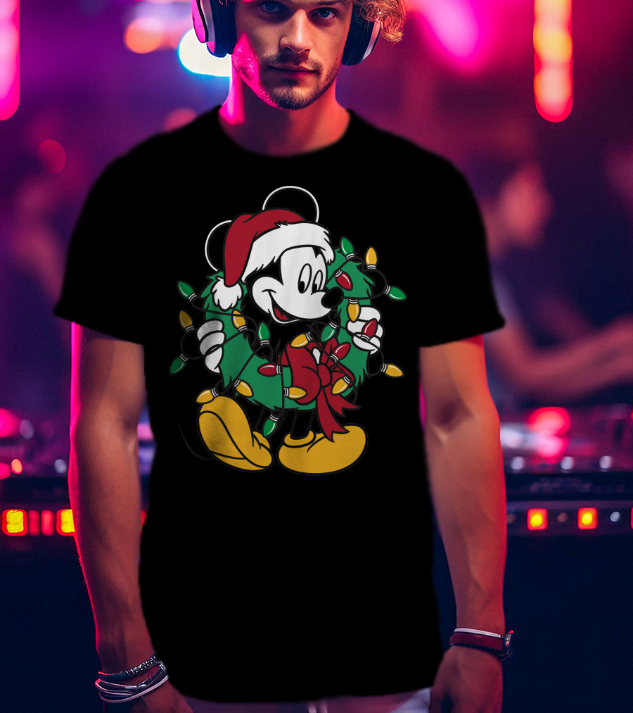 Disney Mickey Mouse Christmas Wreath Lights Santa Hat Holiday Decor T-Shirt