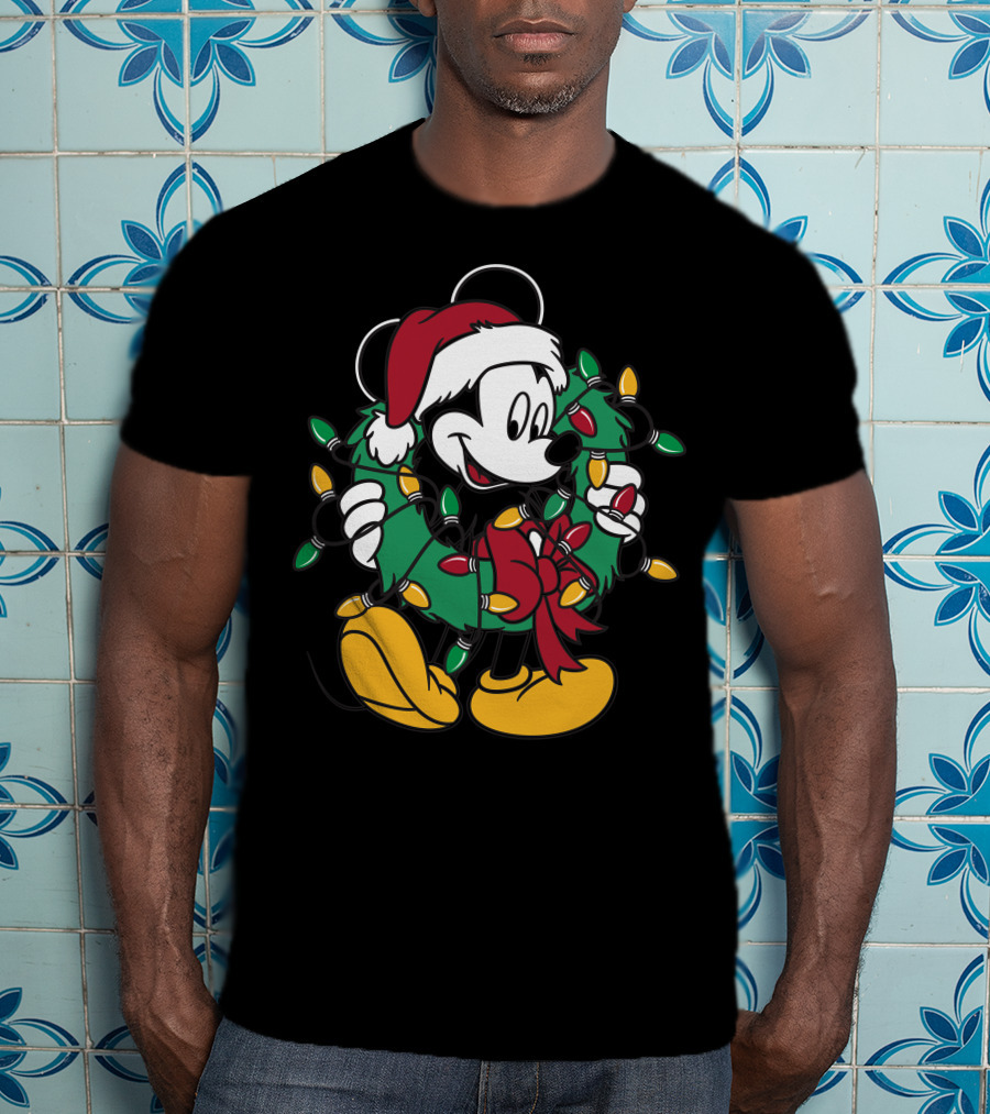 Disney Mickey Mouse Christmas Wreath Lights Santa Hat Holiday Decor T-Shirt