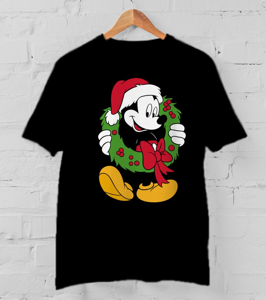 Disney Mickey Mouse Christmas Santa Hat Wreath Bow T-Shirt
