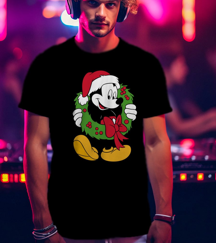 Disney Mickey Mouse Christmas Santa Hat Wreath Bow T-Shirt