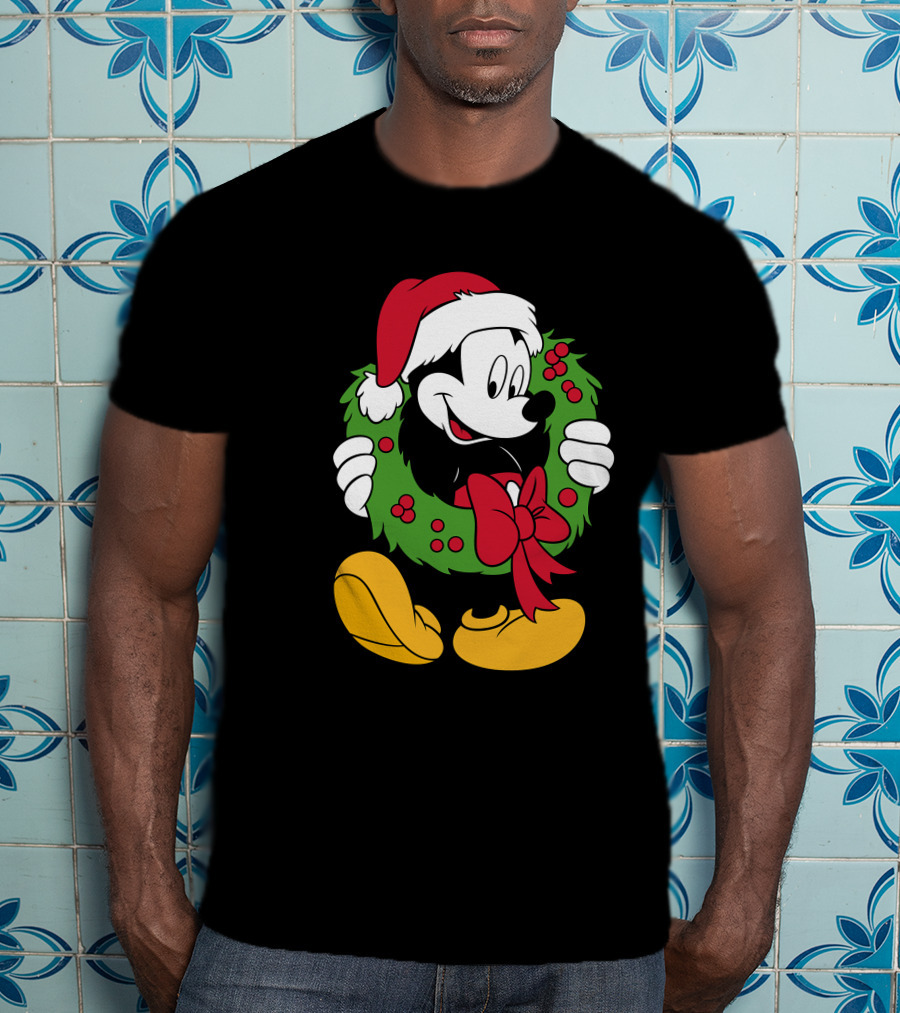 Disney Mickey Mouse Christmas Santa Hat Wreath Bow T-Shirt