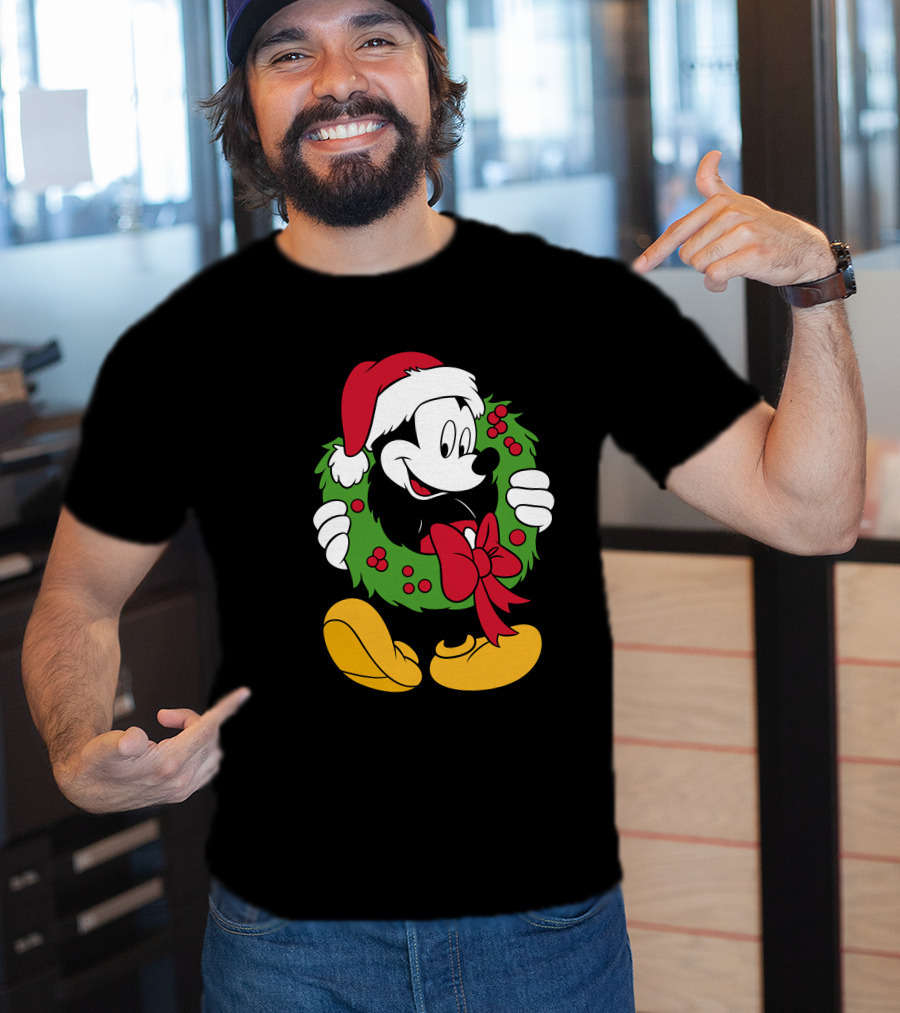 Disney Mickey Mouse Christmas Santa Hat Wreath Bow T-Shirt