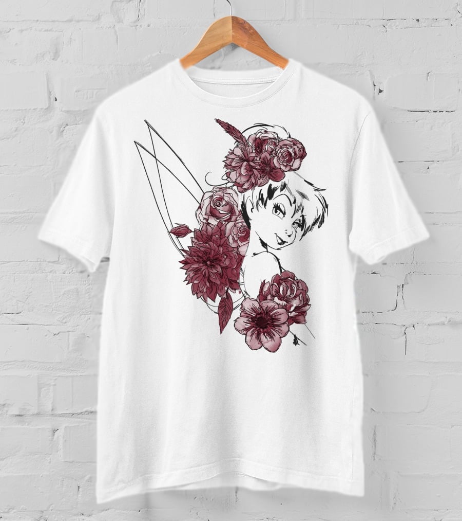 Disney Peter Pan Tinkerbell Red Floral Outline T-Shirt