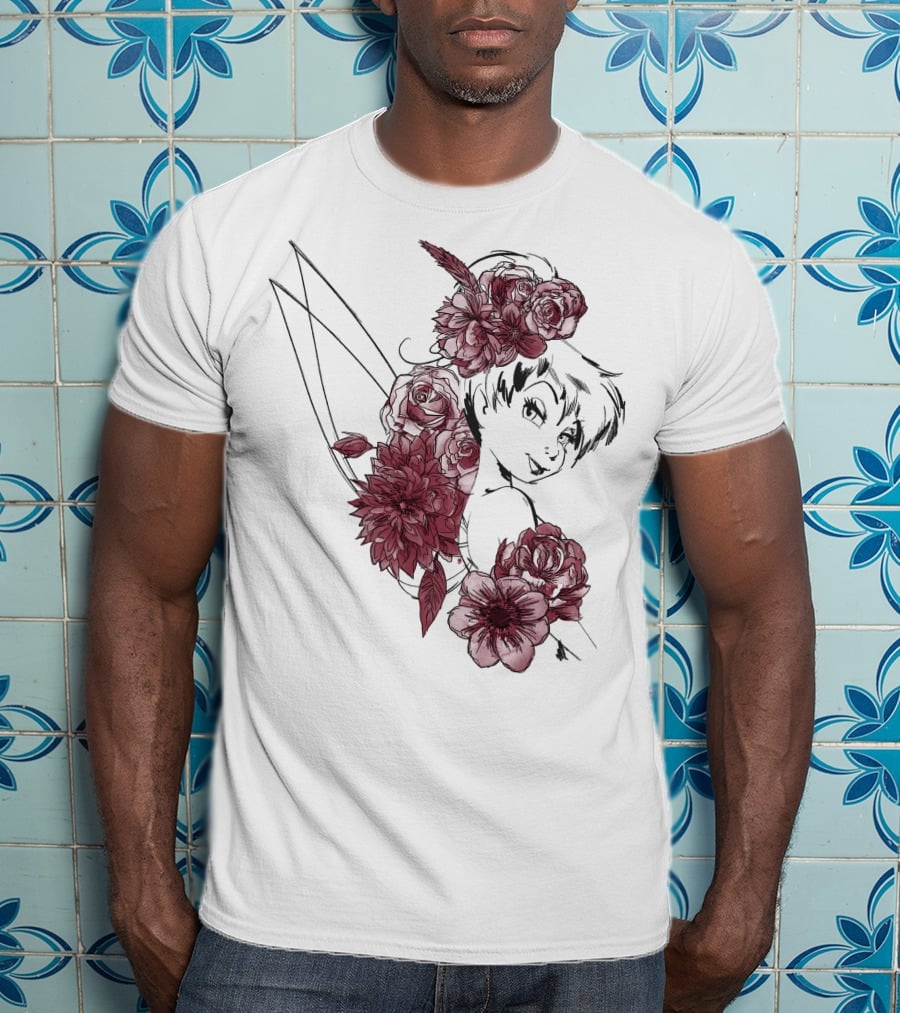 Disney Peter Pan Tinkerbell Red Floral Outline T-Shirt