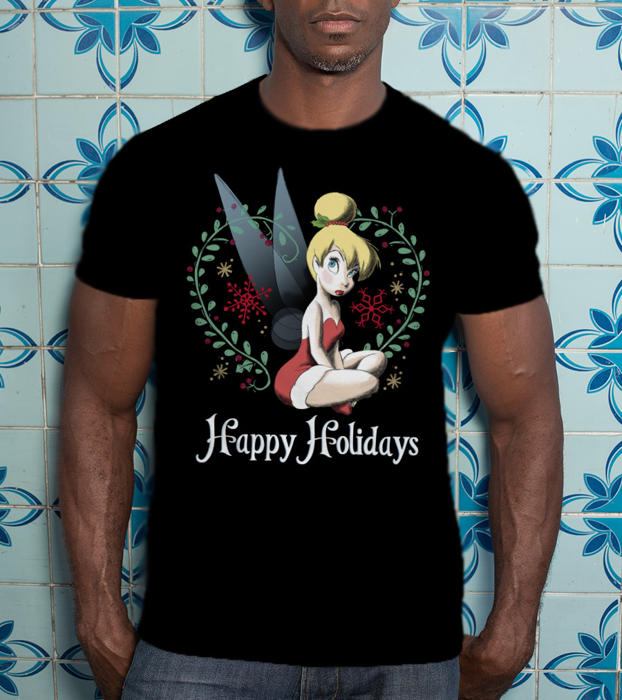 Disney Peter Pan Tinkerbell Happy Holidays Christmas Snowflakes T-Shirt