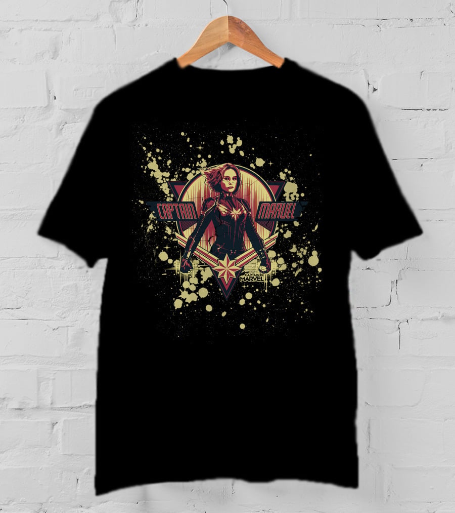 Captain Marvel Cracked Paint Splatter Retro Starburst T-Shirt