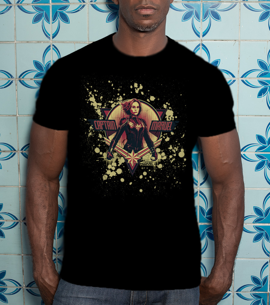 Captain Marvel Cracked Paint Splatter Retro Starburst T-Shirt