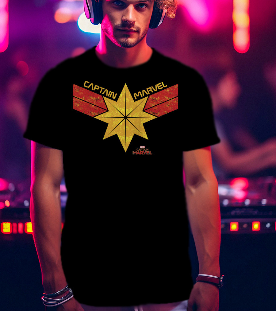 Captain Marvel Distressed Star Emblem With Red Ribbons T-Shirt