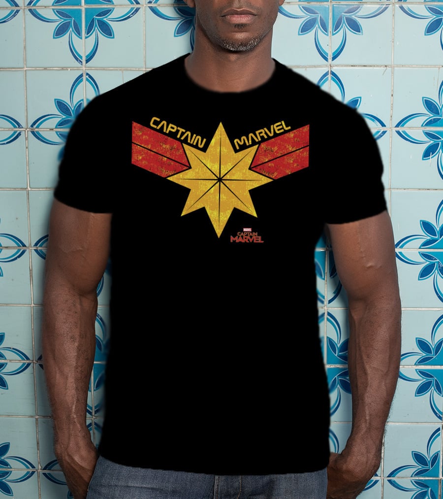 Captain Marvel Distressed Star Emblem With Red Ribbons T-Shirt