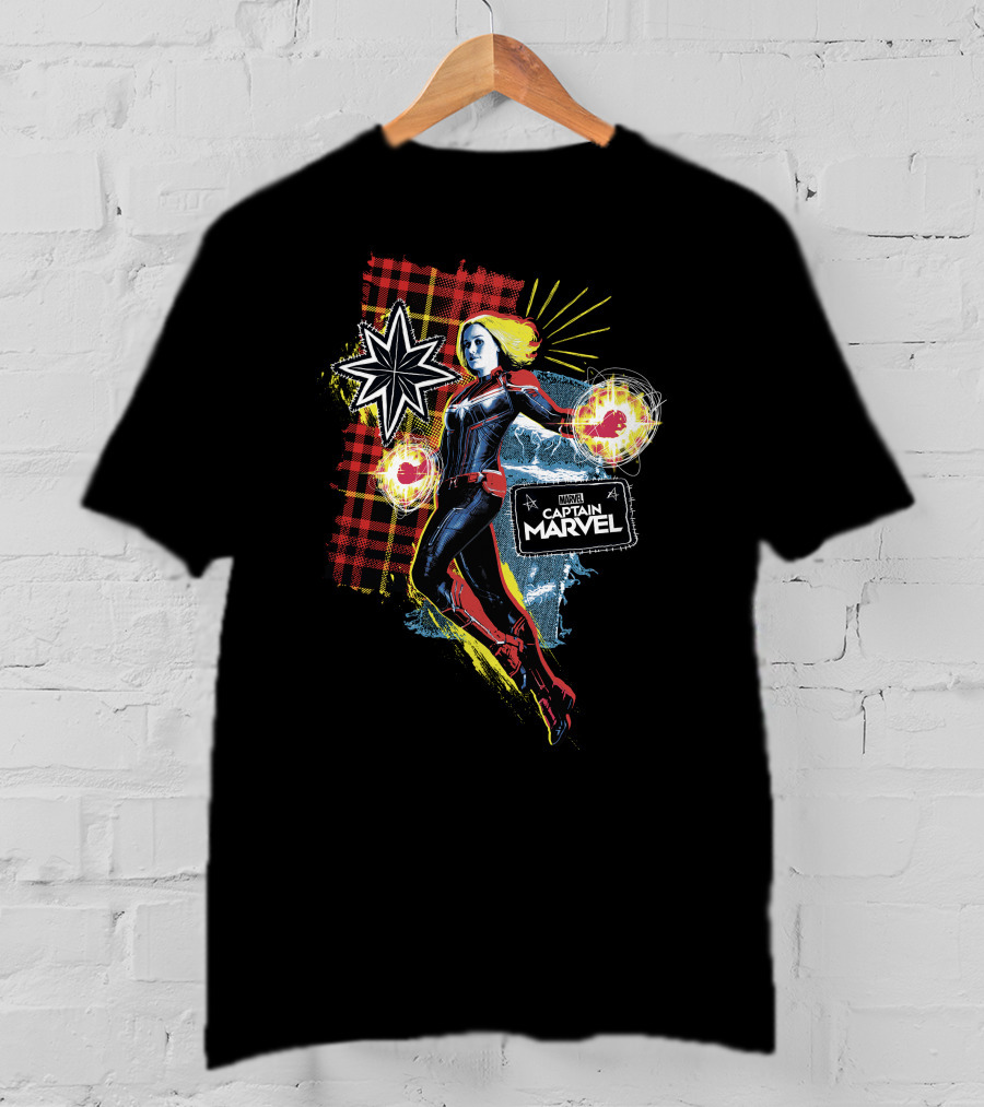 Captain Marvel Starburst Plaid Jean Patch Marvel Comics Hero T-Shirt