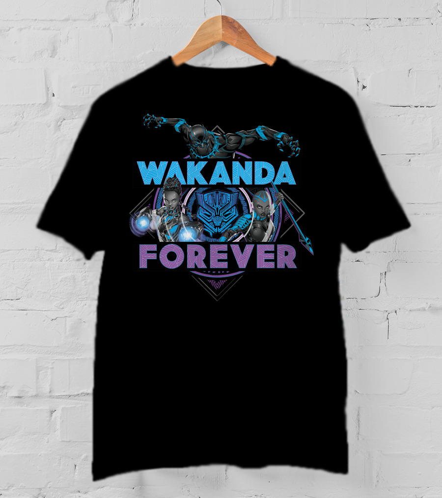Wakanda Forever Marvel Black Panther Group Shot Blue Purple T-Shirt