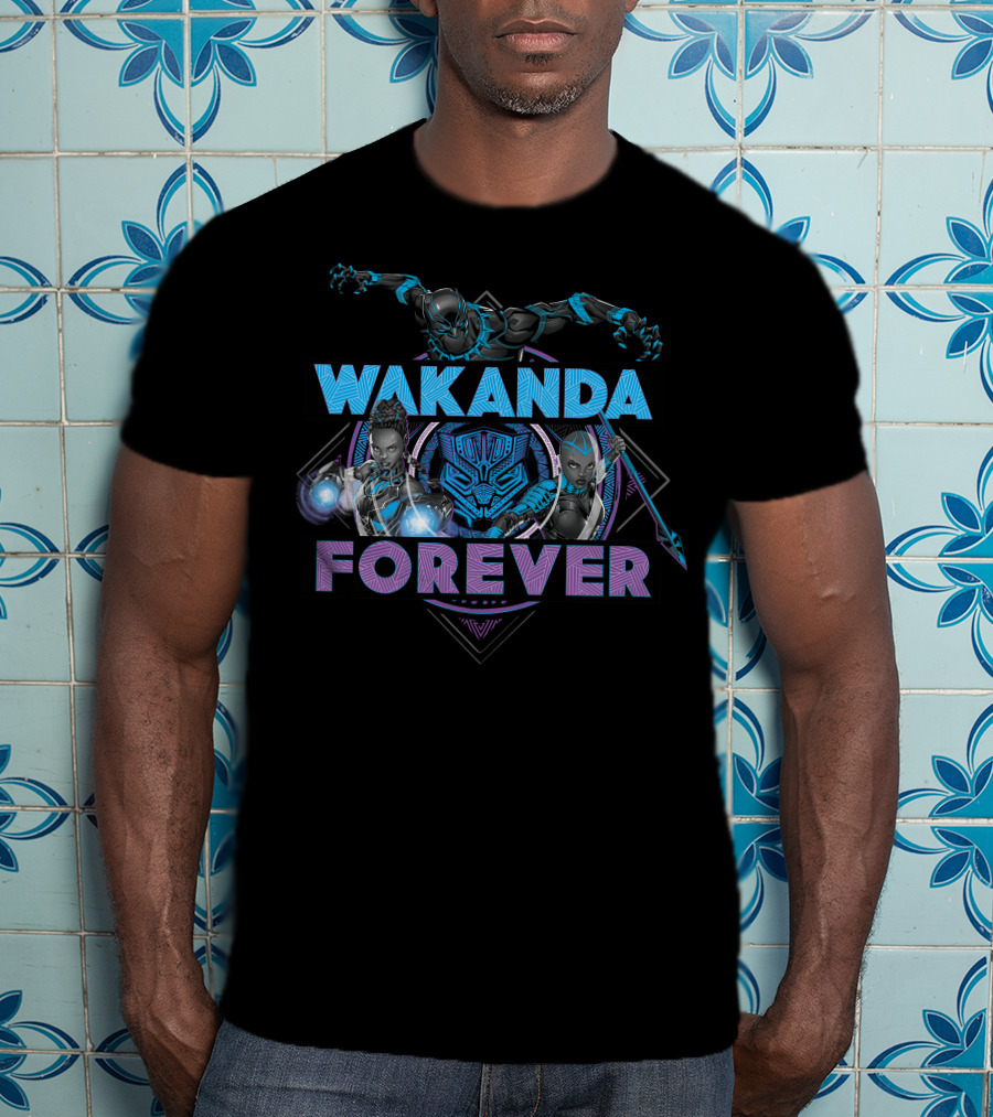Wakanda Forever Marvel Black Panther Group Shot Blue Purple T-Shirt