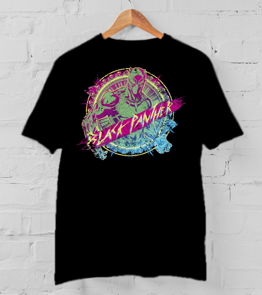 Black Panther Neon Paint Splatter Marvel Text T-Shirt