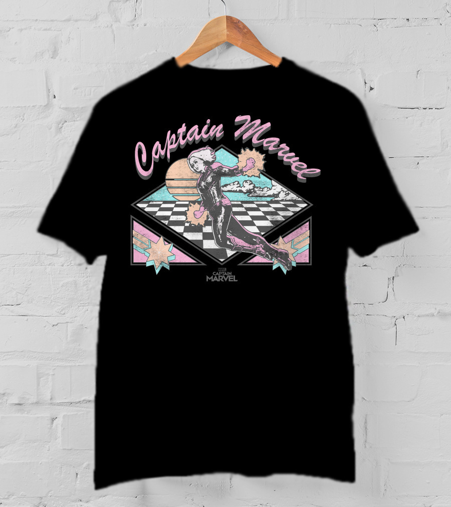 Captain Marvel Retro Checkered Pastel Sunset Superhero Flight T-Shirt
