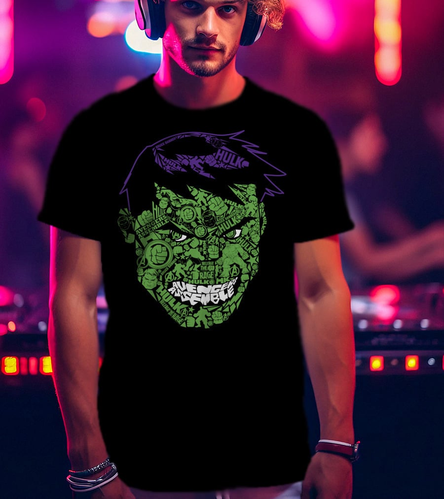 Avengers Assemble Hulk Rage Face With Smash Symbol And Purple Hair Elements T-Shirt