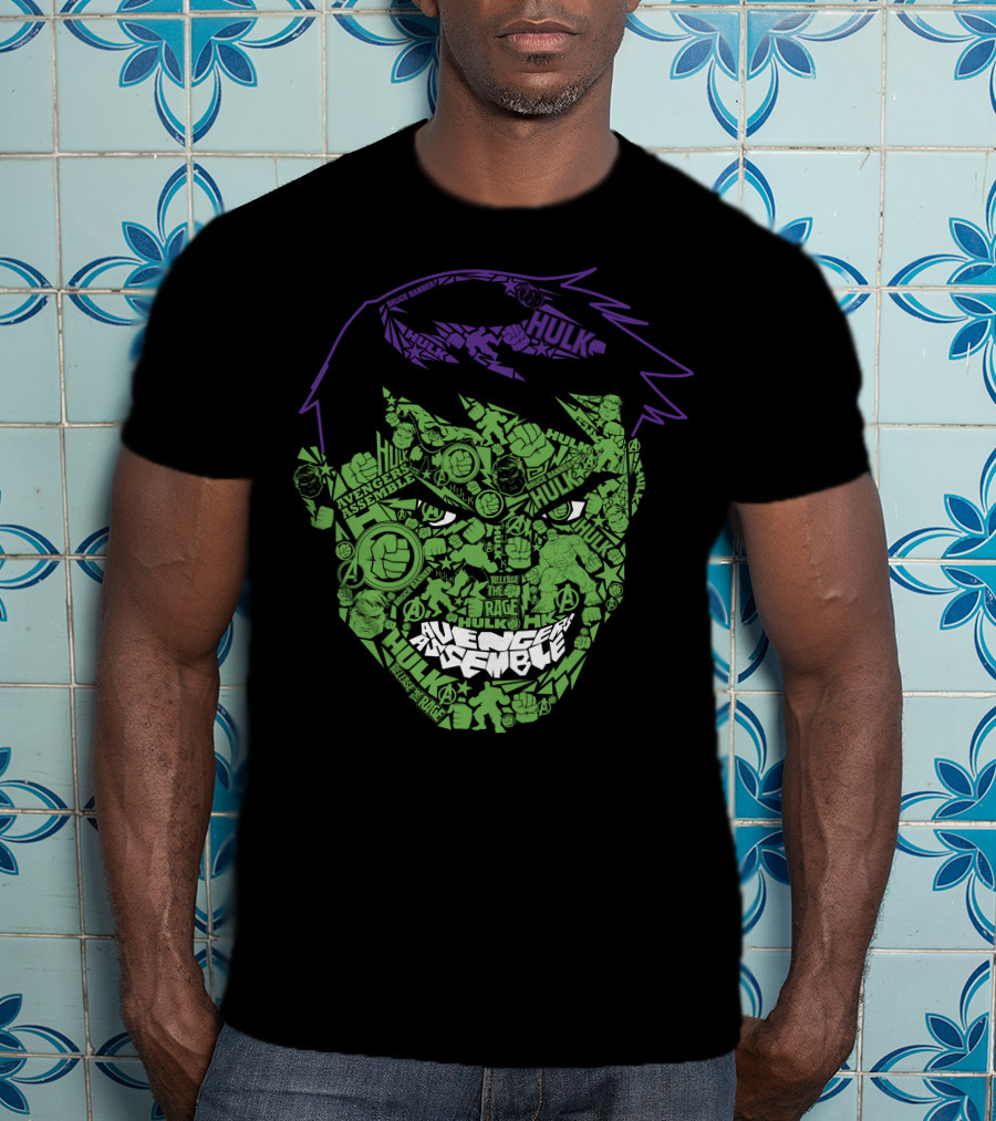 Avengers Assemble Hulk Rage Face With Smash Symbol And Purple Hair Elements T-Shirt