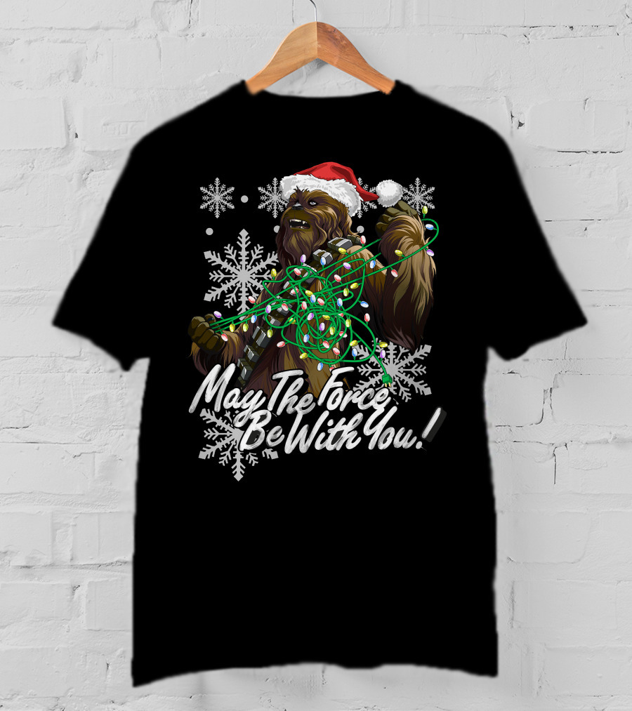 May The Force Be With You Chewbacca Santa Hat Tangled Lights Snowflakes T-Shirt