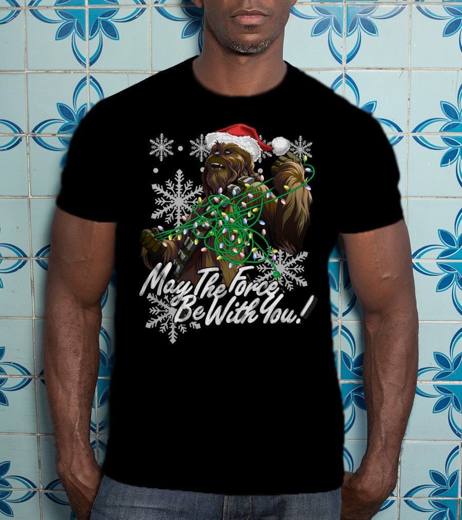 May The Force Be With You Chewbacca Santa Hat Tangled Lights Snowflakes T-Shirt