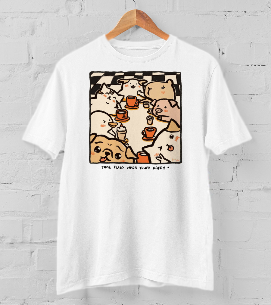 Time Flies When You're Happy With Cute Animals At Coffee Table T-Shirt