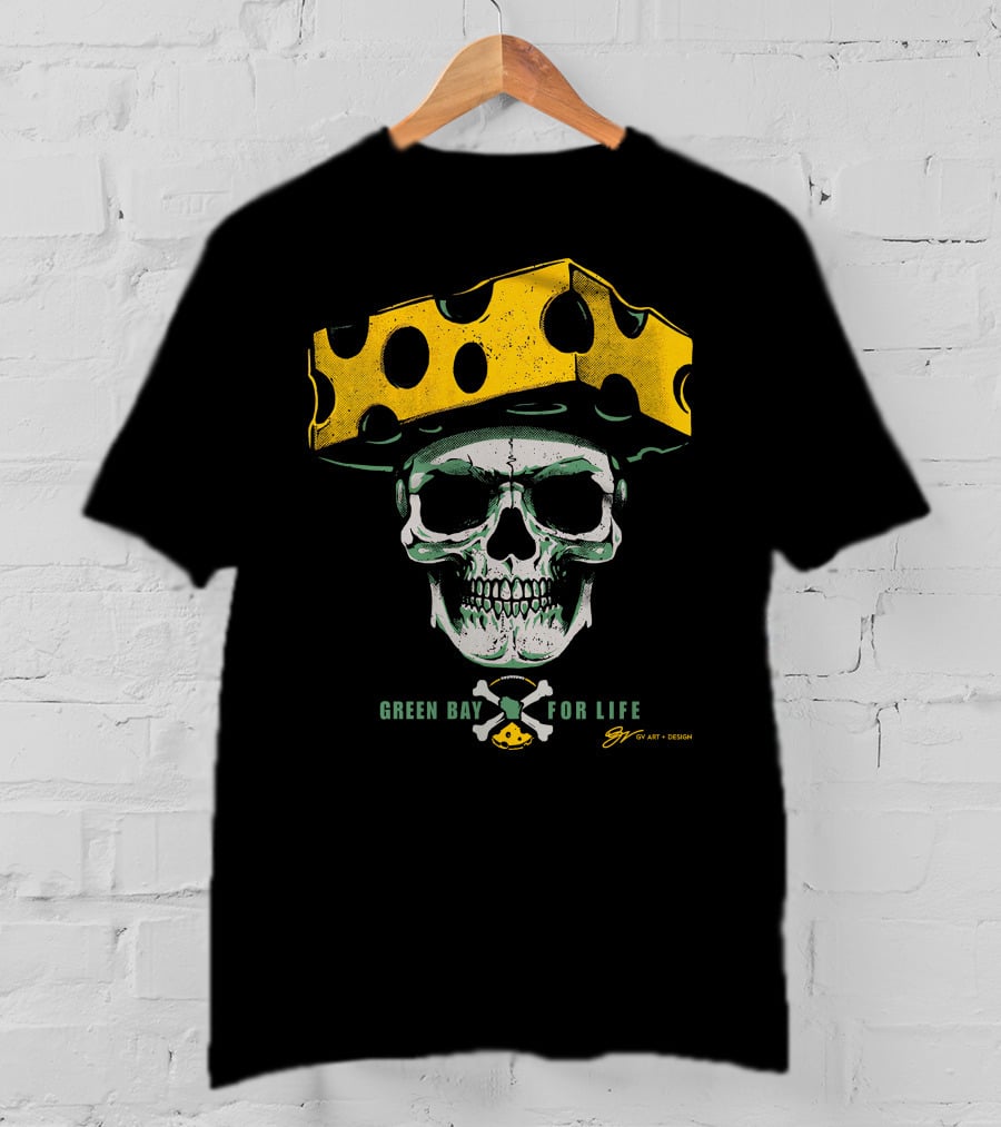 Green Bay For Life Skull Cheesehead T-Shirt