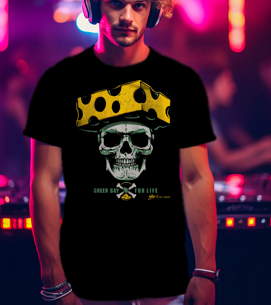 Green Bay For Life Skull Cheesehead T-Shirt